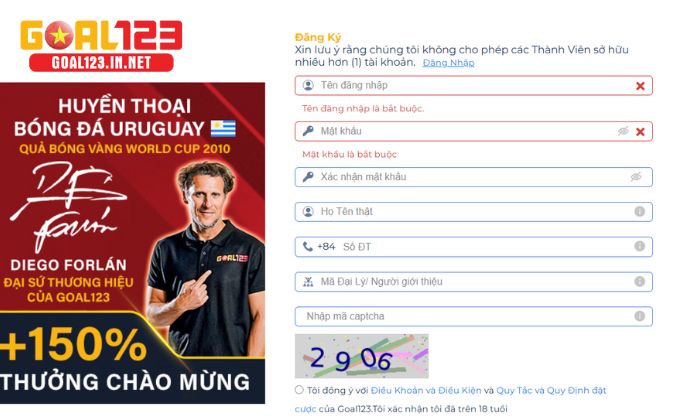 Đăng ký tài khoản Goal123 dễ dàng